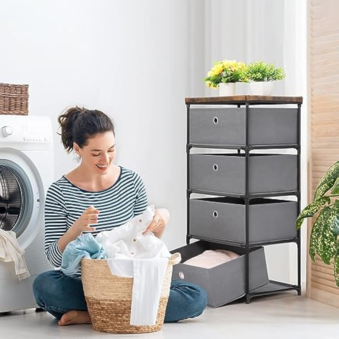 LIANTRAL 4-Drawer Fabric Dresser – Grey Storage Tower for Bedroom & Dorm