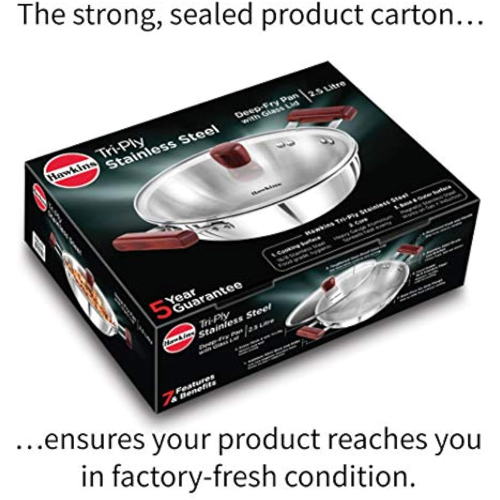 Hawkins Triply Stainless Steel Deep Fry Pan Kadai with Glass Lid, 2.5L