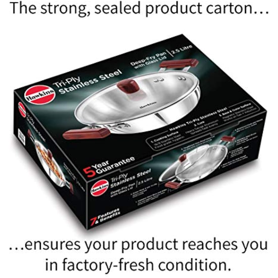 Hawkins Triply Stainless Steel Deep Fry Pan Kadai with Glass Lid, 2.5L