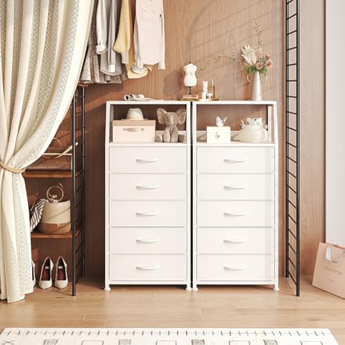 5-Drawer Fabric Dresser – Tall White Chest of Drawers