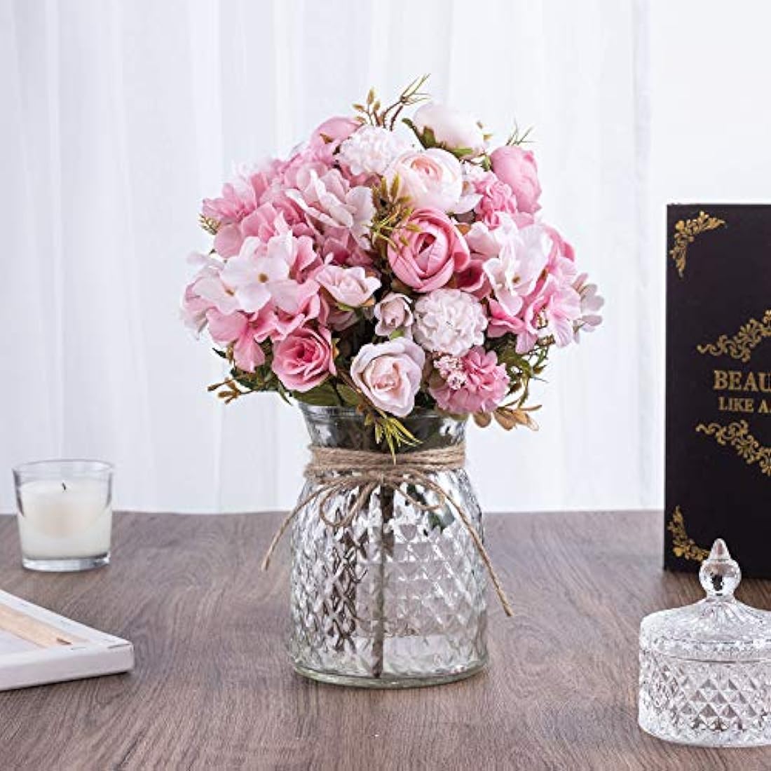 LED Pink Artificial Rose Flowers with Glass Vase – 13"