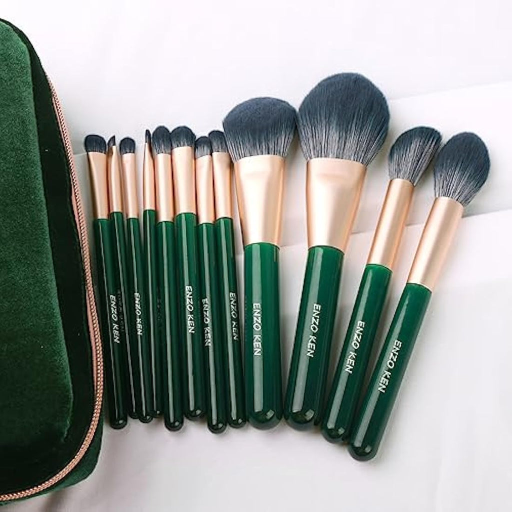 ENZO KEN Professional Goat Hair Makeup Brush Set with Case - Green