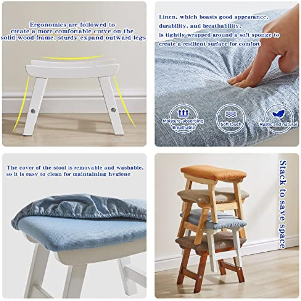 Jolof Store Wooden Footstool – Padded Beech Wood Ottoman with Blue Cushion