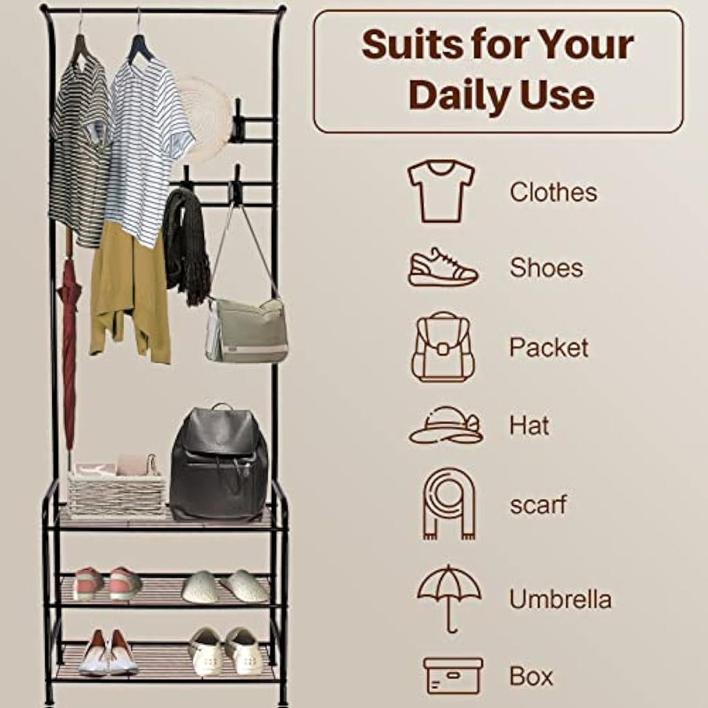 Innotic 3-Tier Shoe and Coat Rack Stand | 16 Hooks Matte Steel Organizer