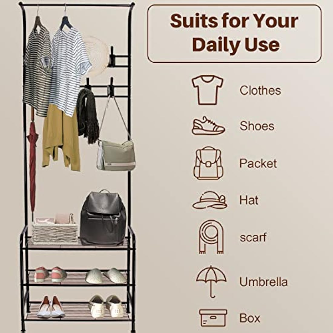 Innotic 3-Tier Shoe and Coat Rack Stand | 16 Hooks Matte Steel Organizer