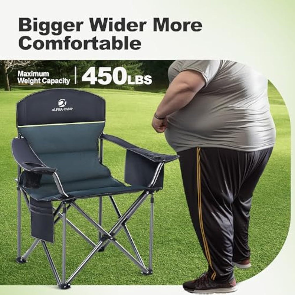 LET'S CAMP XXL Heavy Duty Padded Folding Chair with Cooler Bag – Green