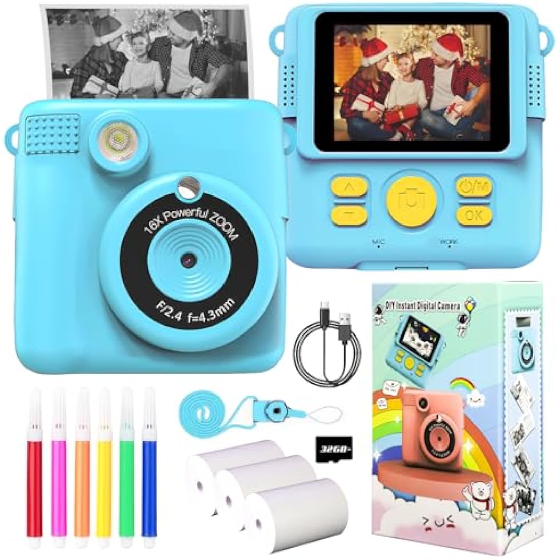 Kids Instant Print Camera | 1080P HD Digital Toy with 32GB SD