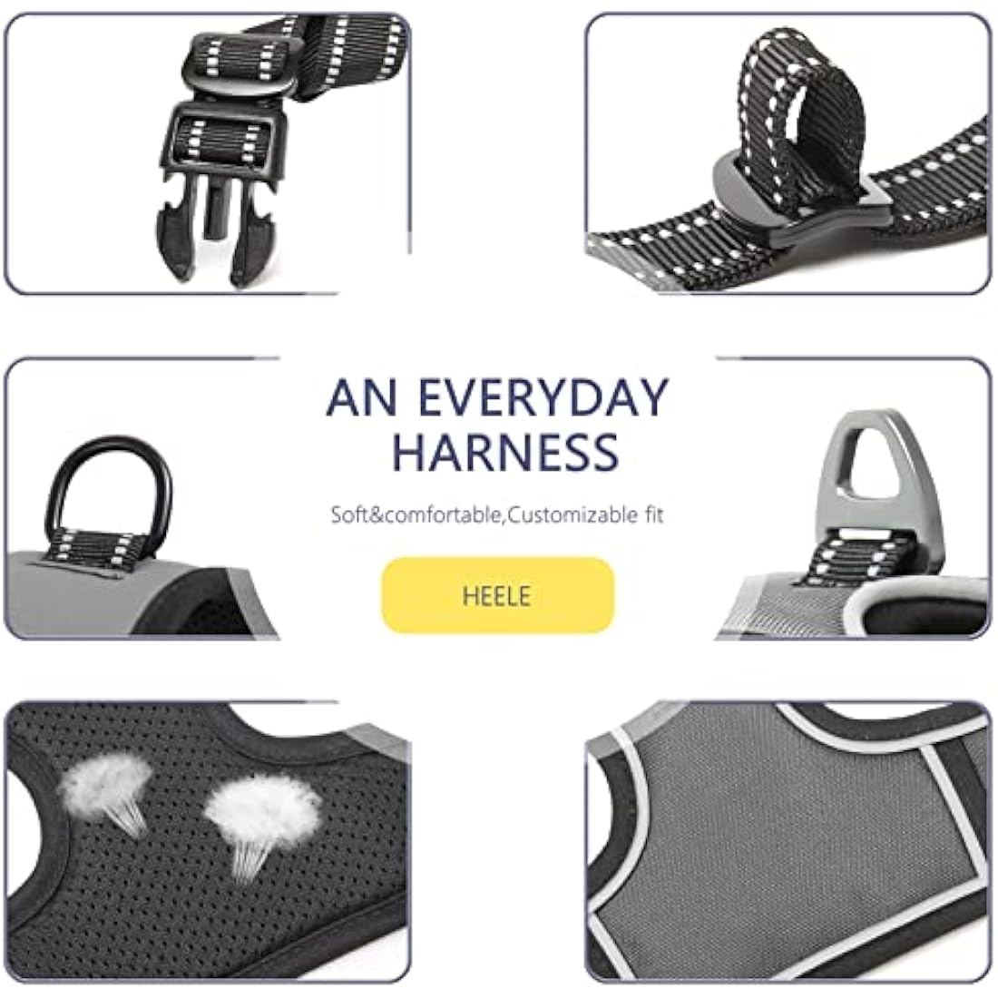 HEELE No Pull Dog Harness | Reflective Padded Adjustable Vest - Grey, L