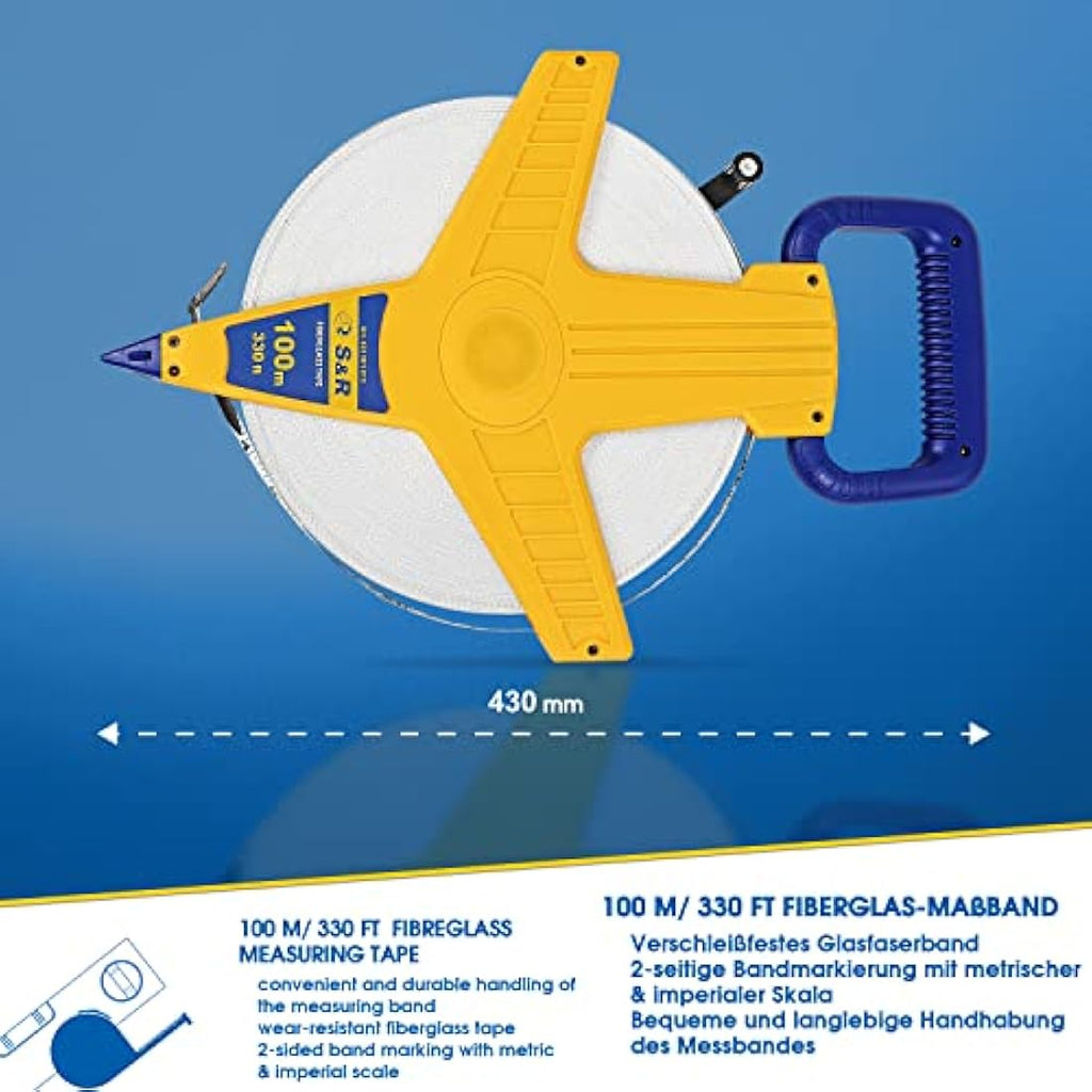 S&R Surveyors Tape Measure | 100m Fiberglass Metric & Imperial Tape