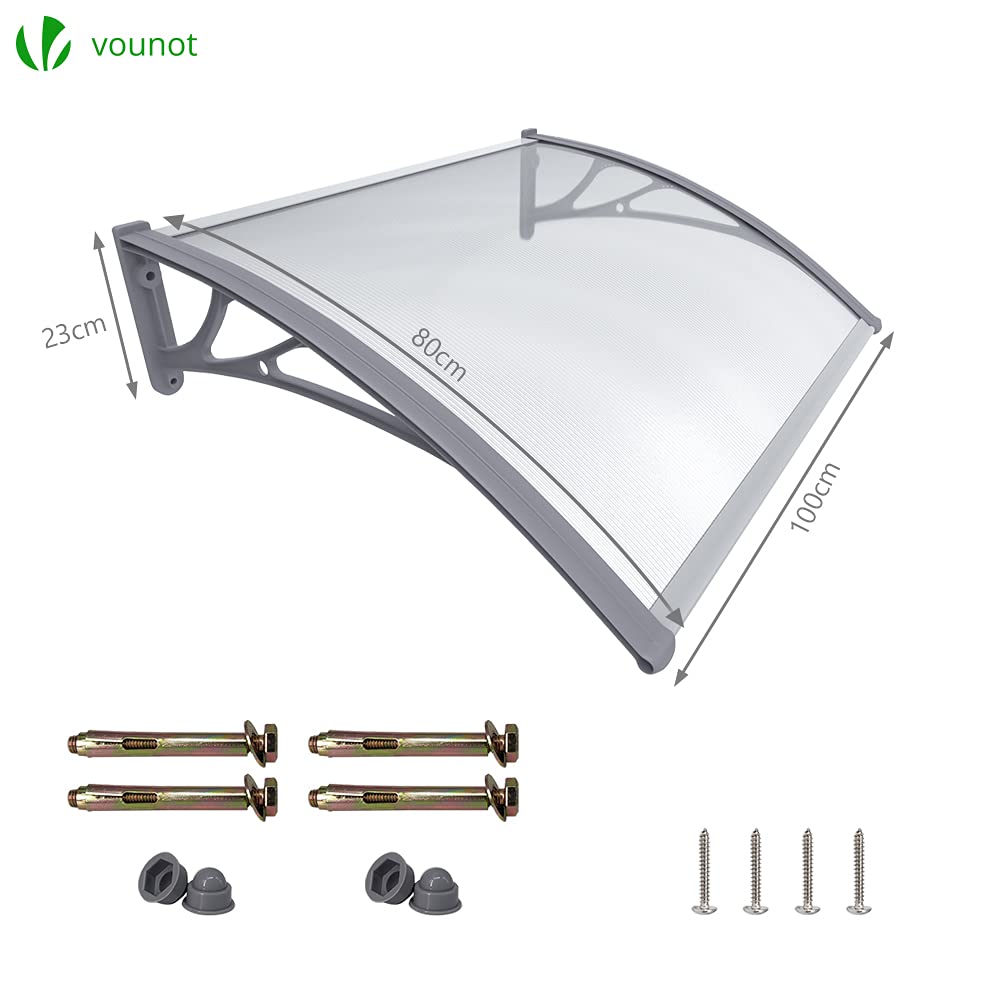 VOUNOT Front Door Canopy - 100x80cm Polycarbonate Outdoor Awning, Grey