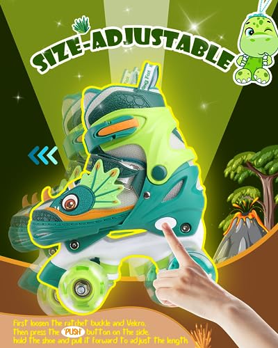 WESKIFAN Kids Dinosaur Roller Skates | Adjustable Quad Shoes with Light Up Wheels