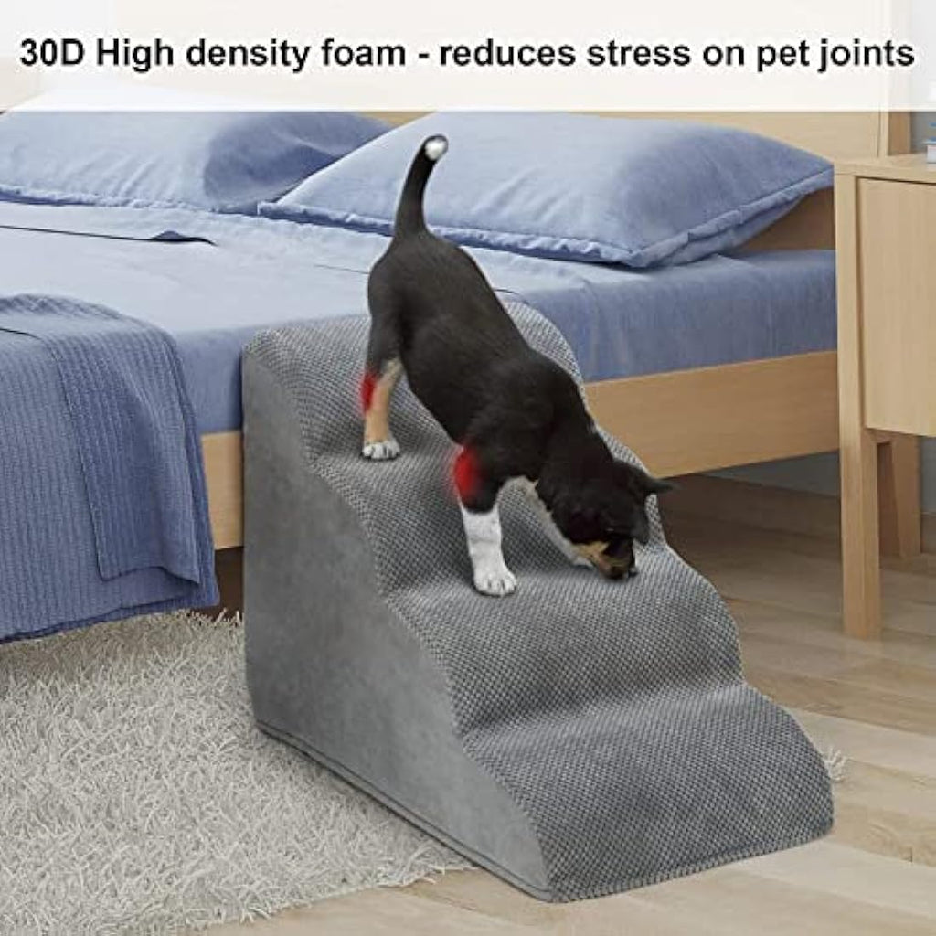 4-Step Foam Dog Stairs for Bed – Non-Slip Pet Ramp, Grey