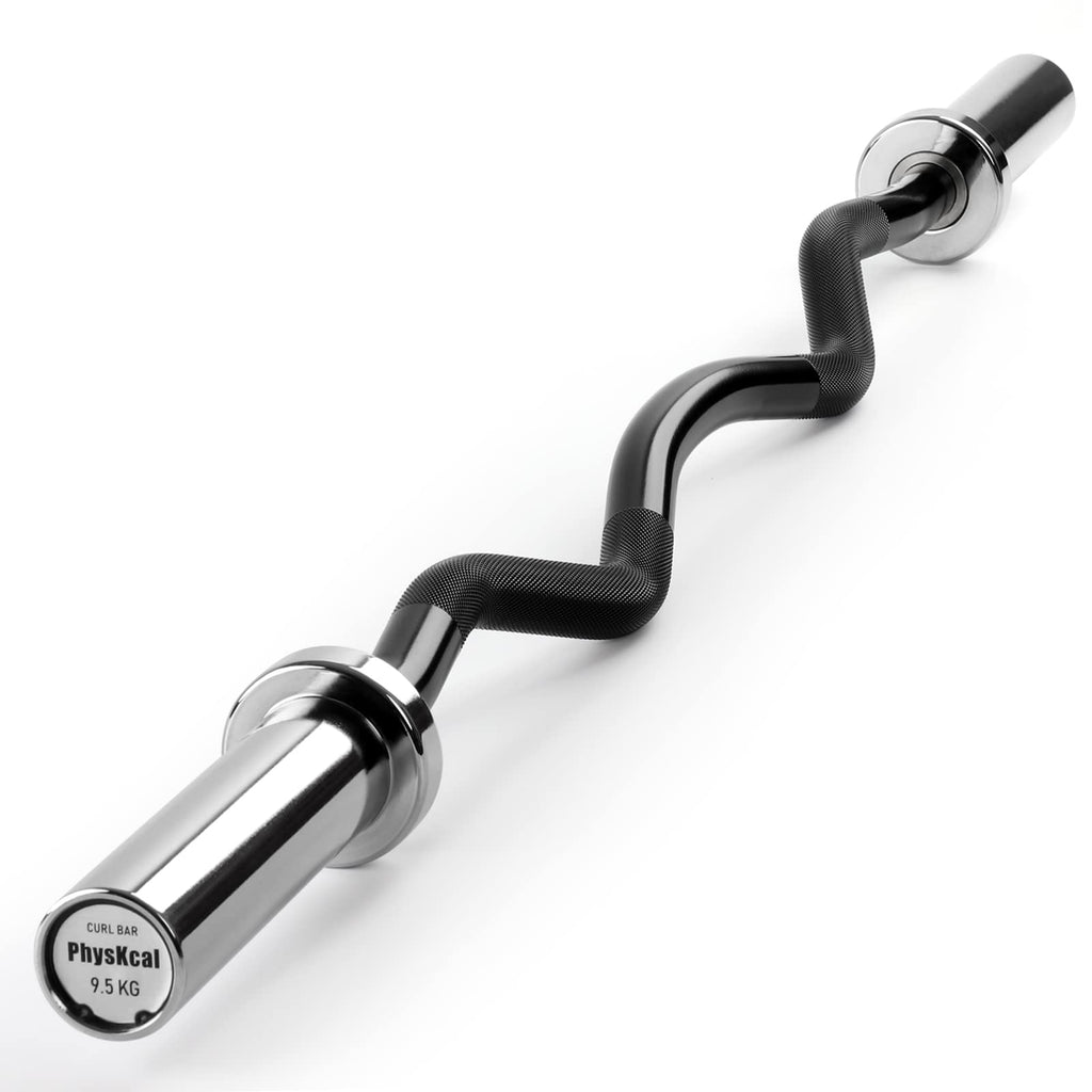 PhysKcal 47 Inch EZ Curl Bar | 2 Inch Olympic Weight Lifting Bar - Black Chrome