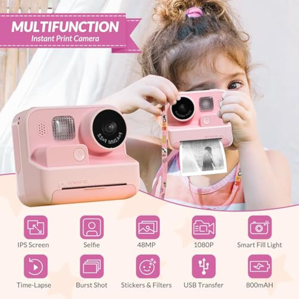 Mafiti Kids Instant Print Camera – 48MP Digital Selfie Video Toy, Pink