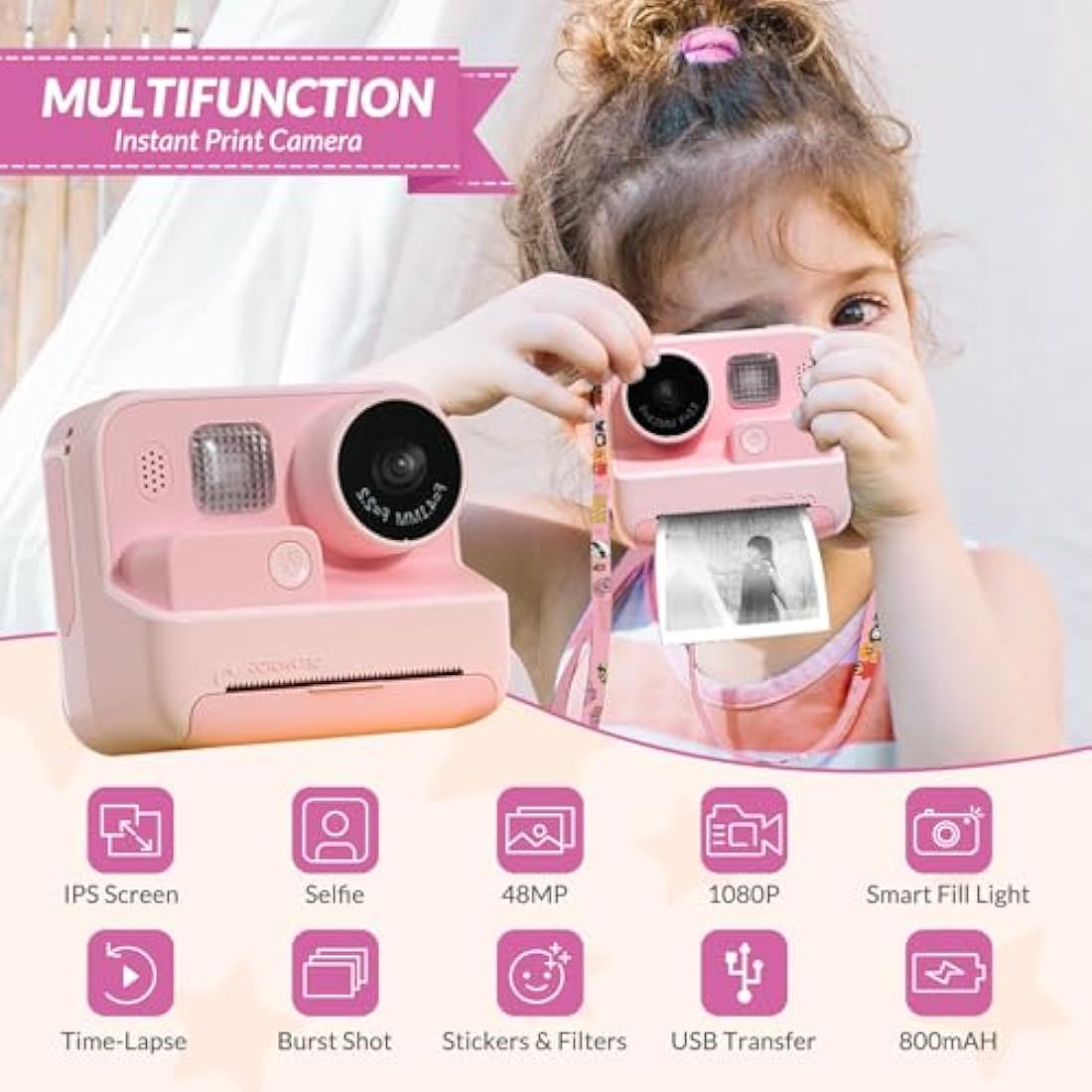 Mafiti Kids Instant Print Camera – 48MP Digital Selfie Video Toy, Pink