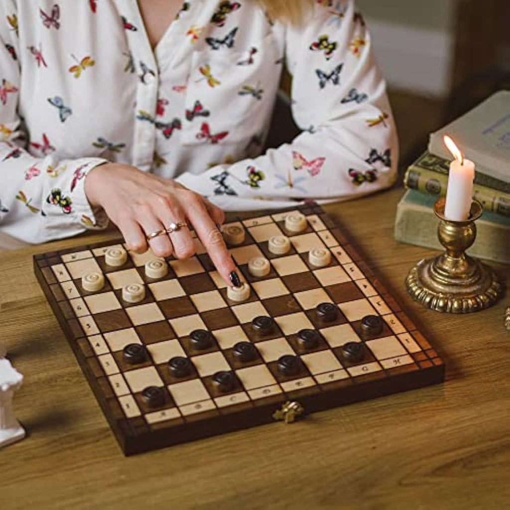 Handmade Wooden Chess and Checkers Set | Portable 31cm Board