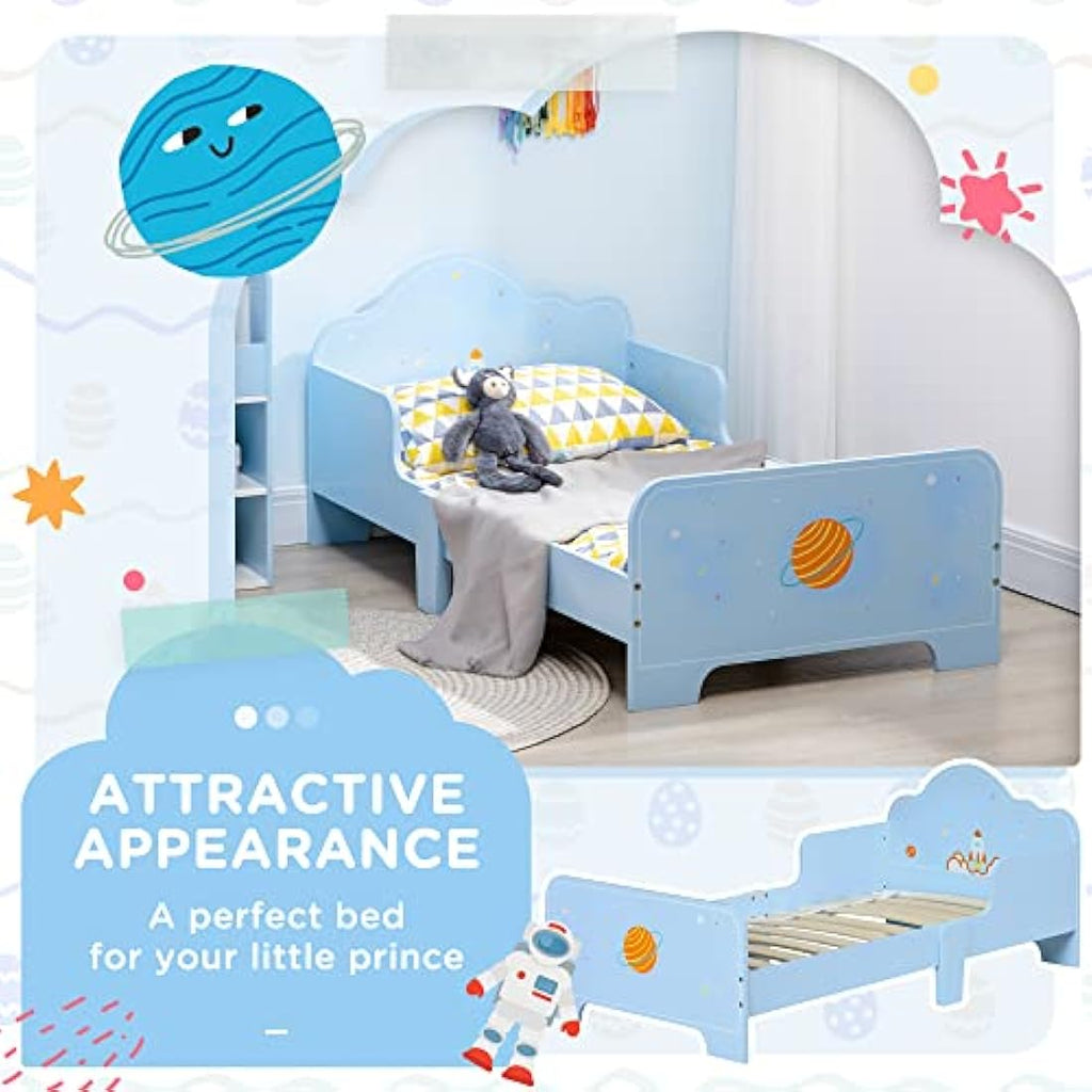 ZONEKIZ Kids Toddler Bed | Space Theme Blue Bed with Safety Rails