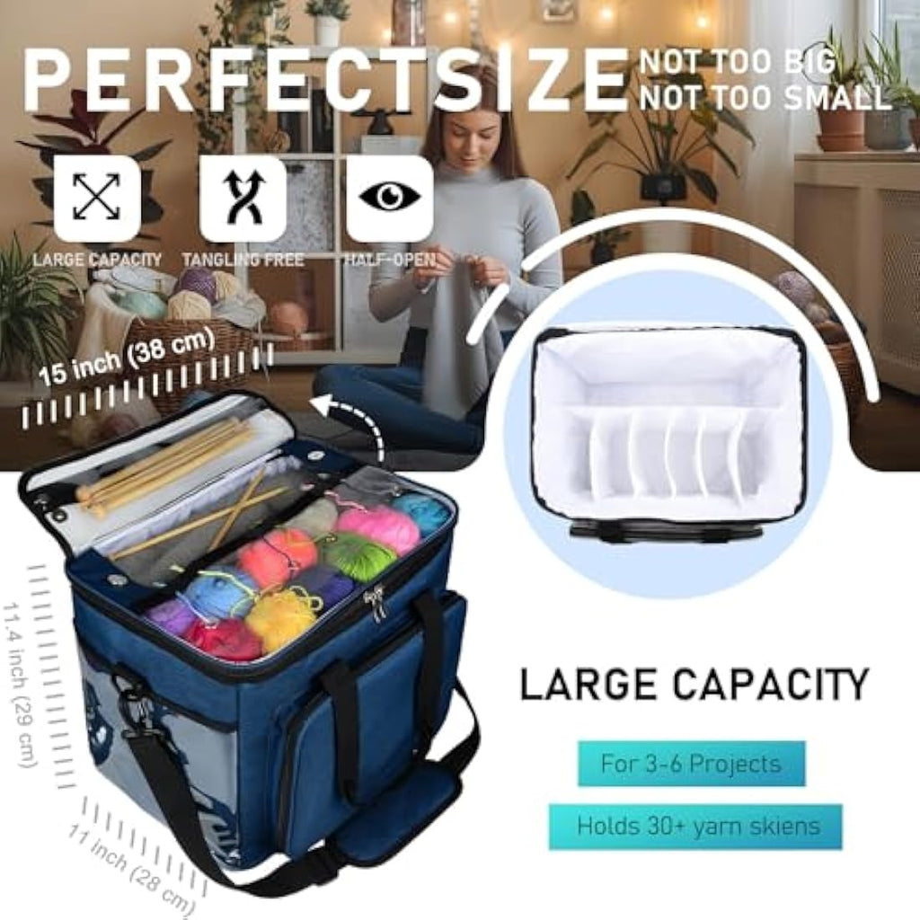 Hoshin Portable Yarn Storage Bag – Large Crochet Tote Organizer, Navy