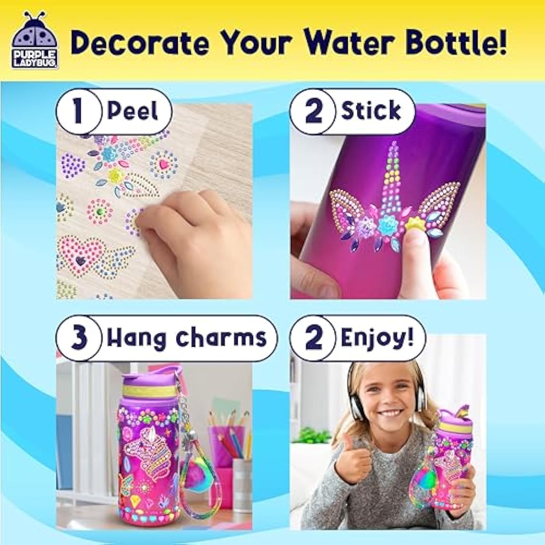 Purple Ladybug Unicorn Water Bottle Craft Kit for Girls Ages 5-12
