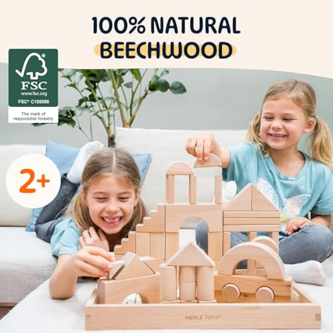 Merle Toys Wooden Building Blocks – 46-Piece FSC Beechwood Montessori Set