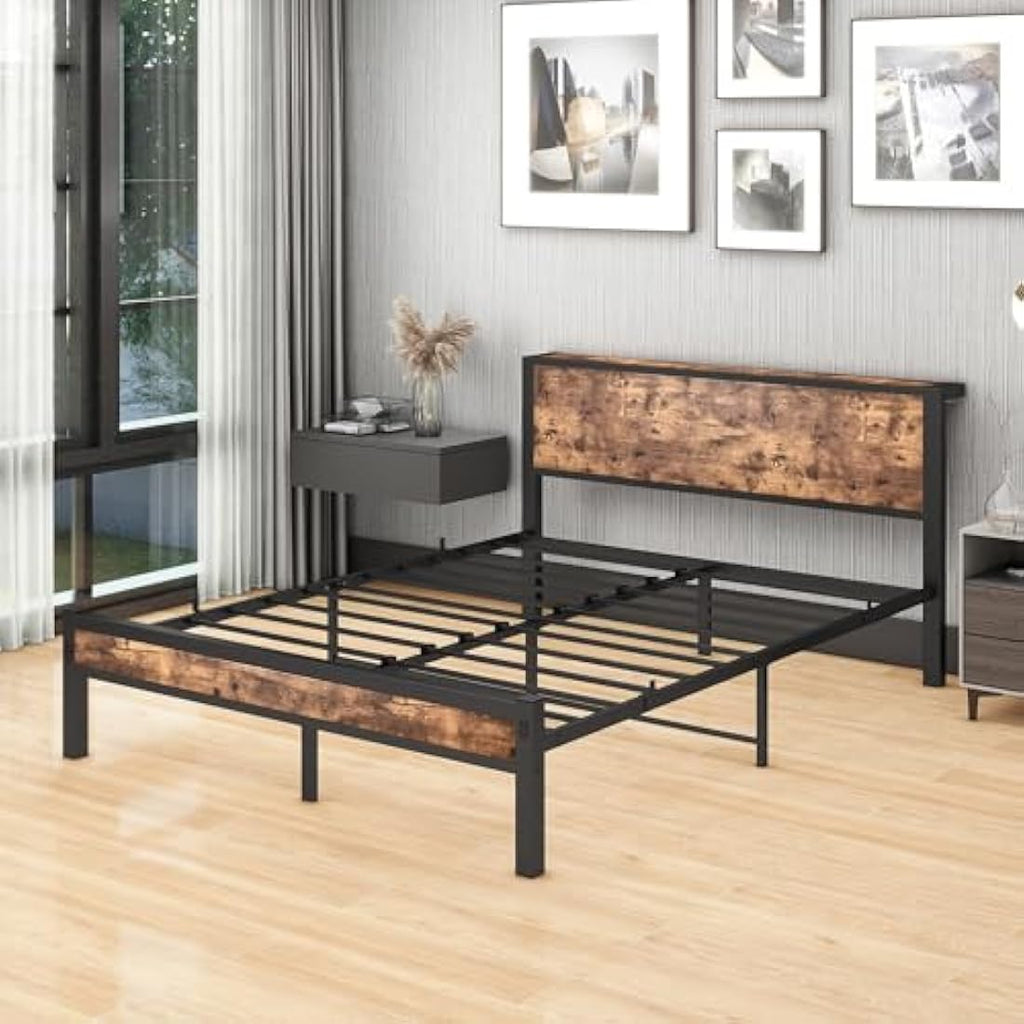 DUMEE King Size Metal Bed Frame with Storage Headboard – Black & Oak