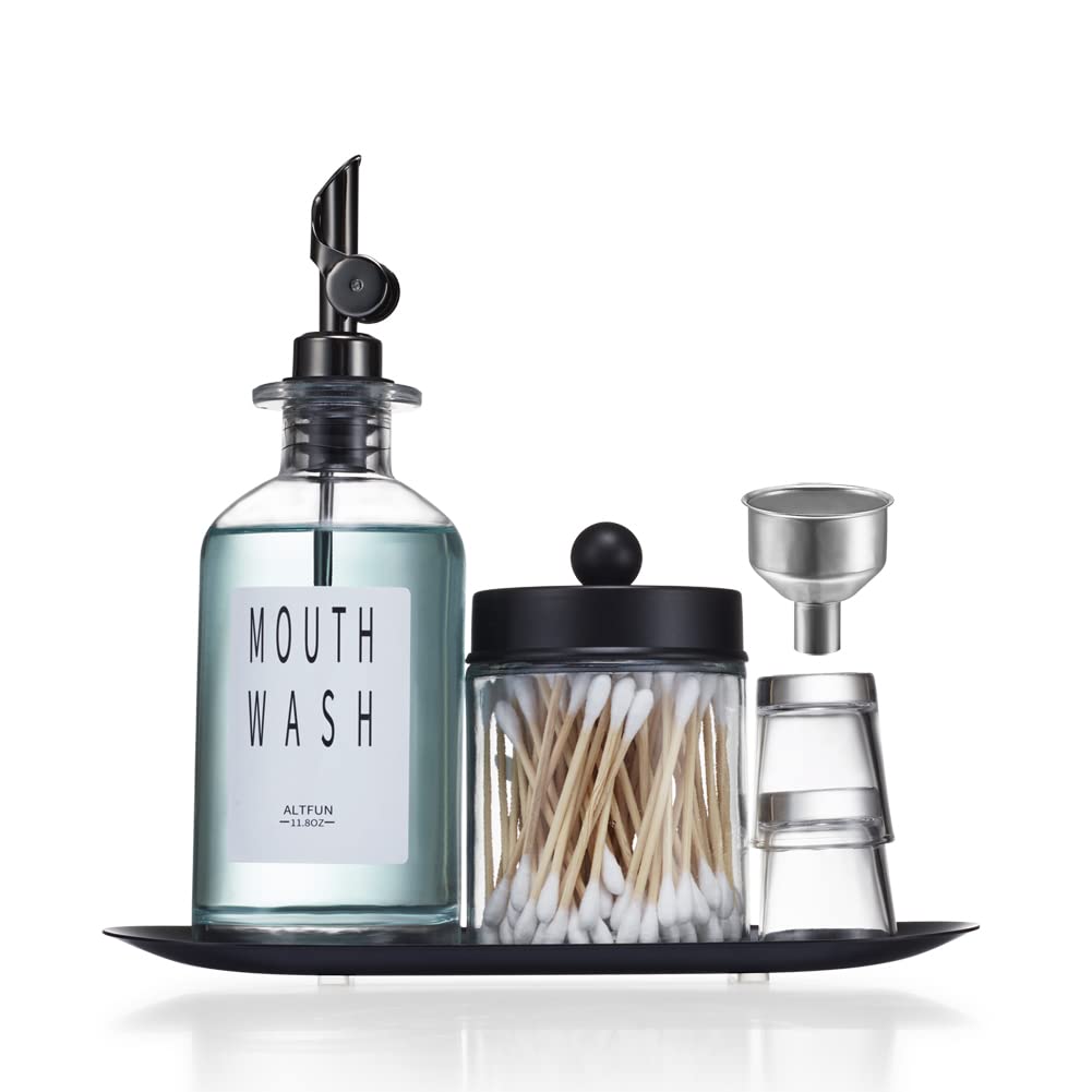 Altfun Glass Mouthwash Dispenser Set with Qtip Holder and Tray – 12oz