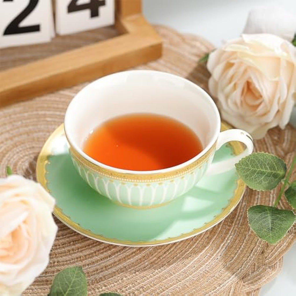 fanquare Porcelain Tea for One Set | Green Striped Teapot and Cup