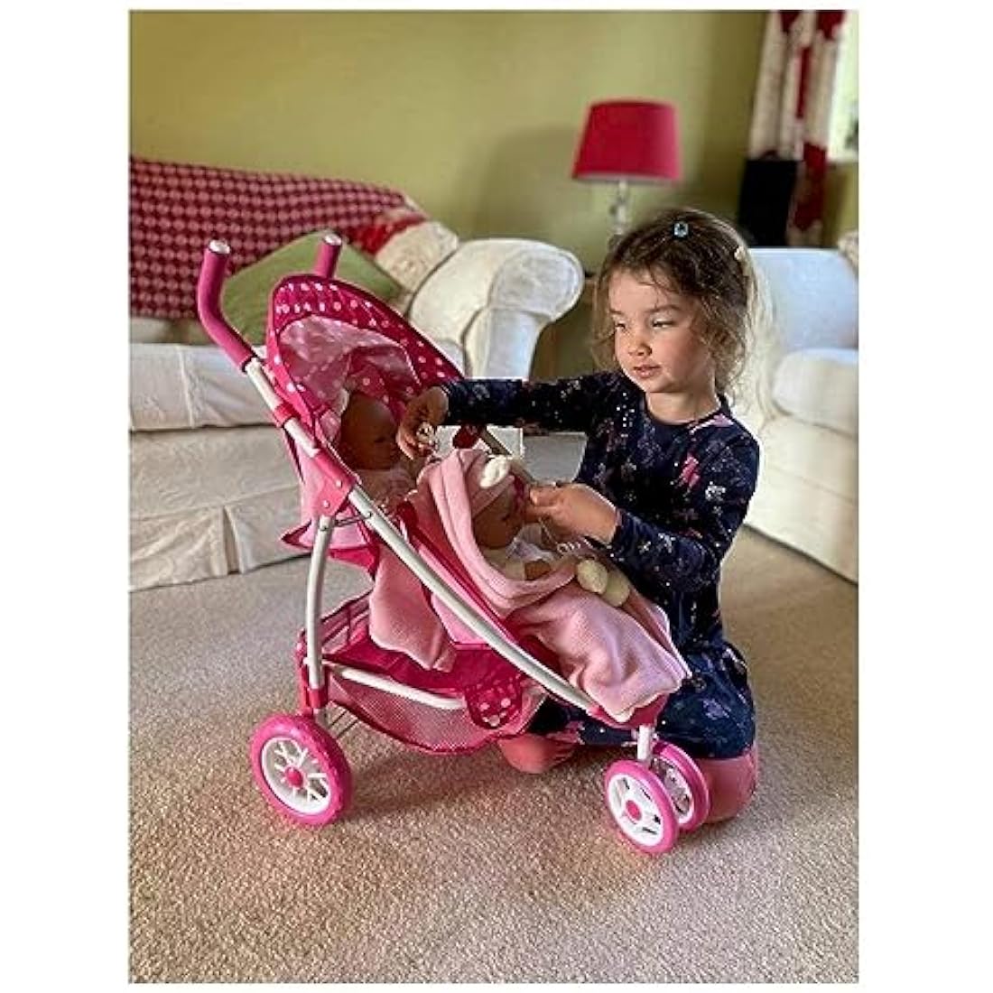 Roma Dotty Dolls Double Pram – Twin Toy Pushchair with Basket