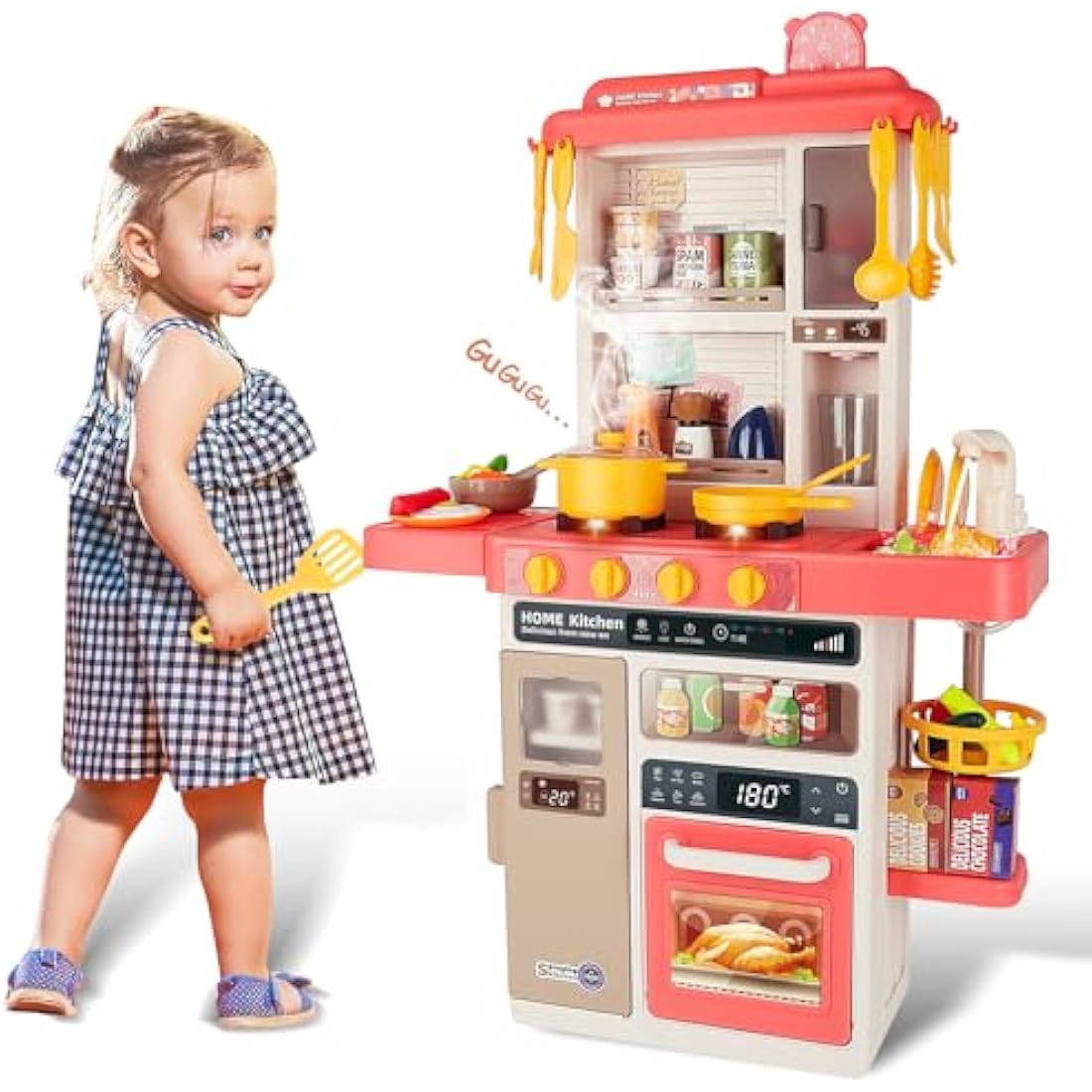deAO Kids Kitchen Playset with Lights, Steam & Accessories - Pink