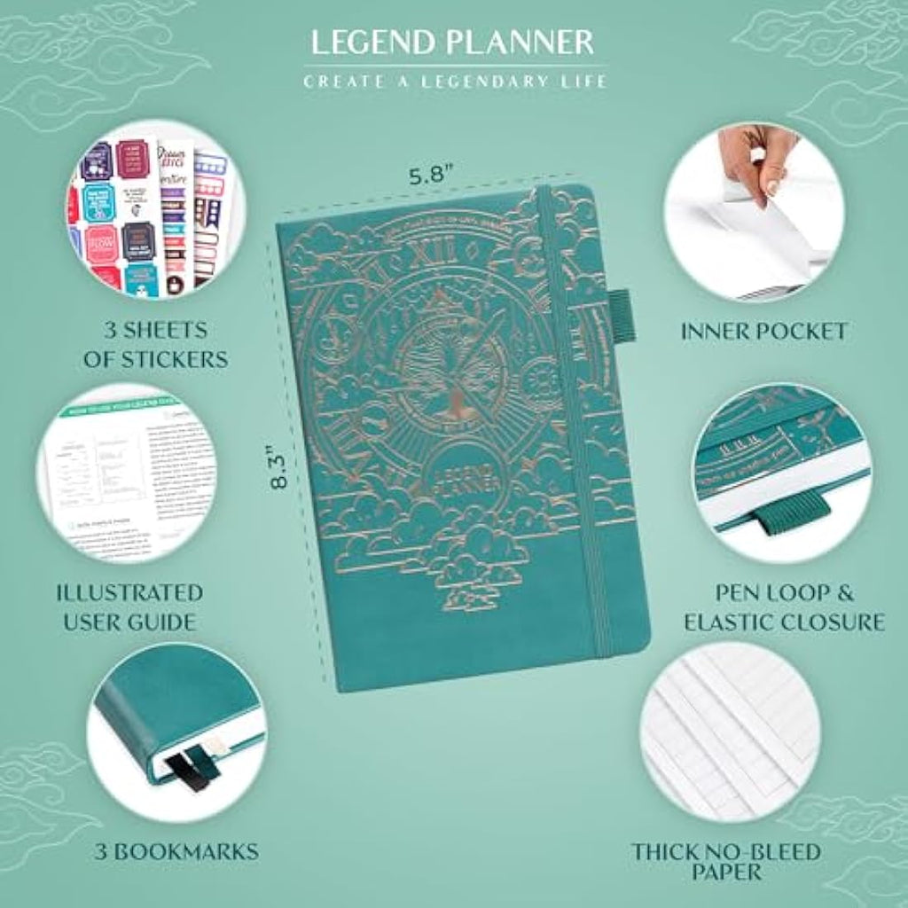 Legend Planner Undated Daily Organizer - A5 Productivity Journal, Viridian Green