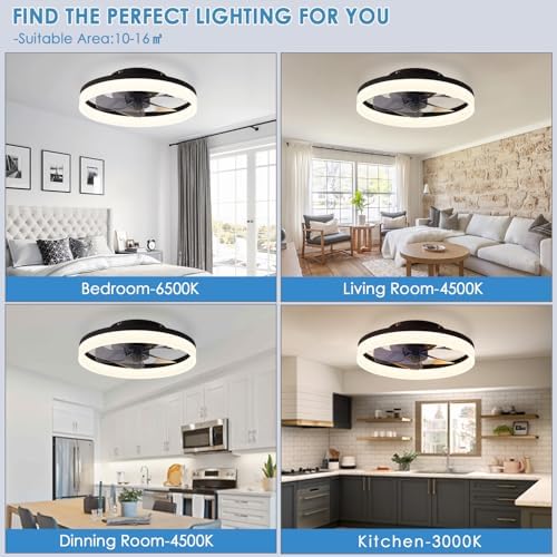 MOSSCO Modern Flush Mount Ceiling Fan with Light - 40cm Black LED
