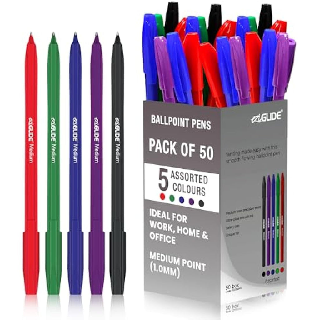 Eziglide Ballpoint Pens - 50-Pack Assorted Colours - 1.0mm Medium Point