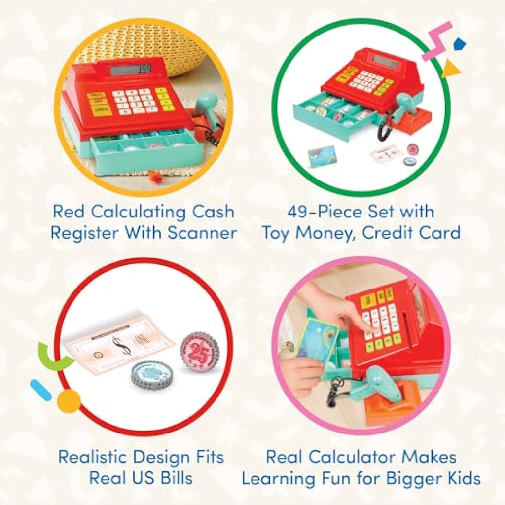 Battat Toy Cash Register with Scanner – 49-Piece Pretend Play Set