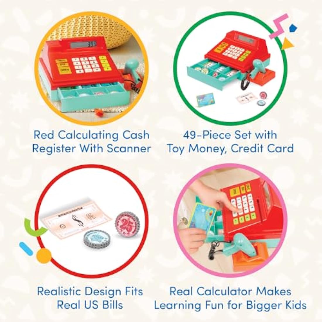 Battat Toy Cash Register with Scanner – 49-Piece Pretend Play Set
