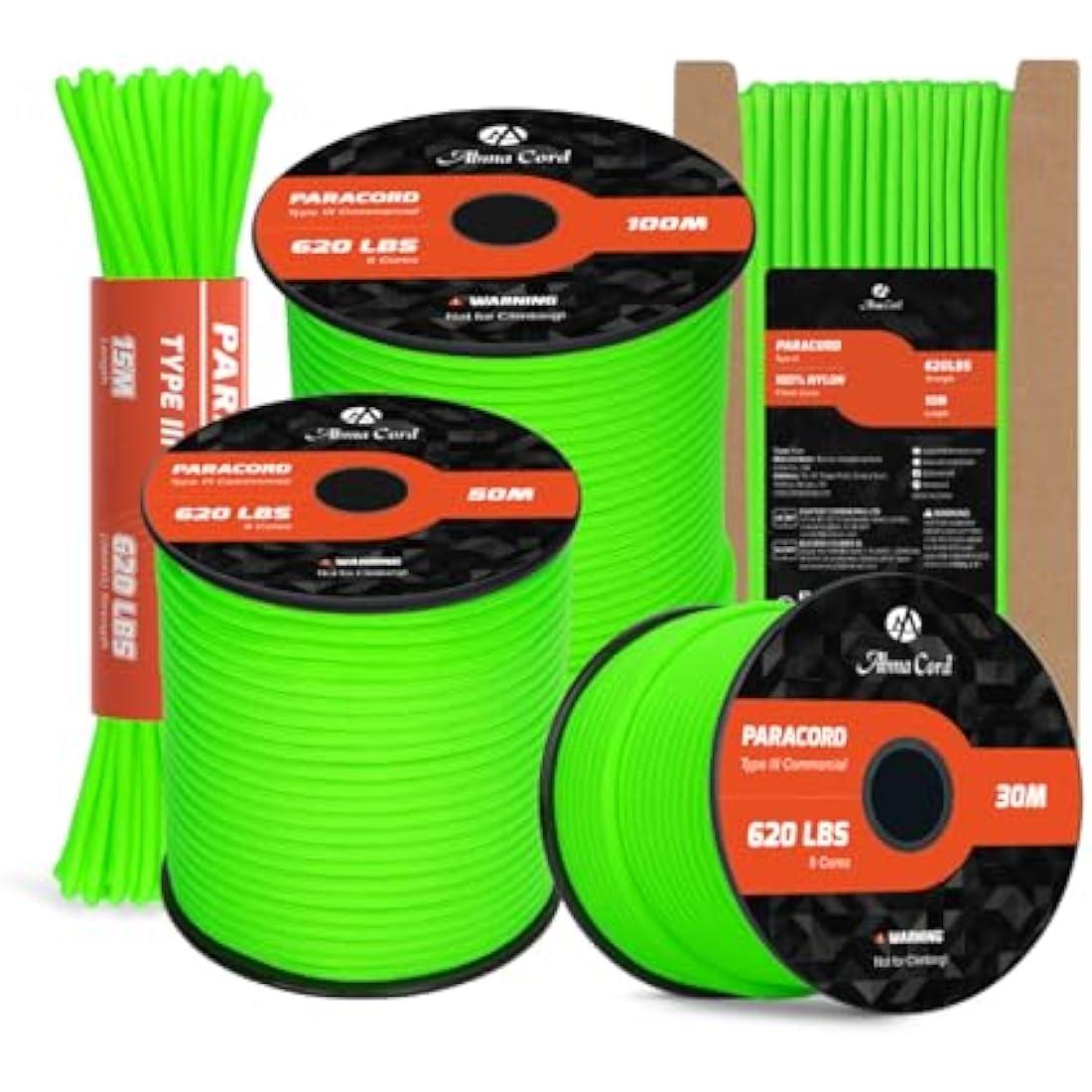 Abma Cord 4mm Type III Nylon Paracord - 9 Strands 100m Neon Green