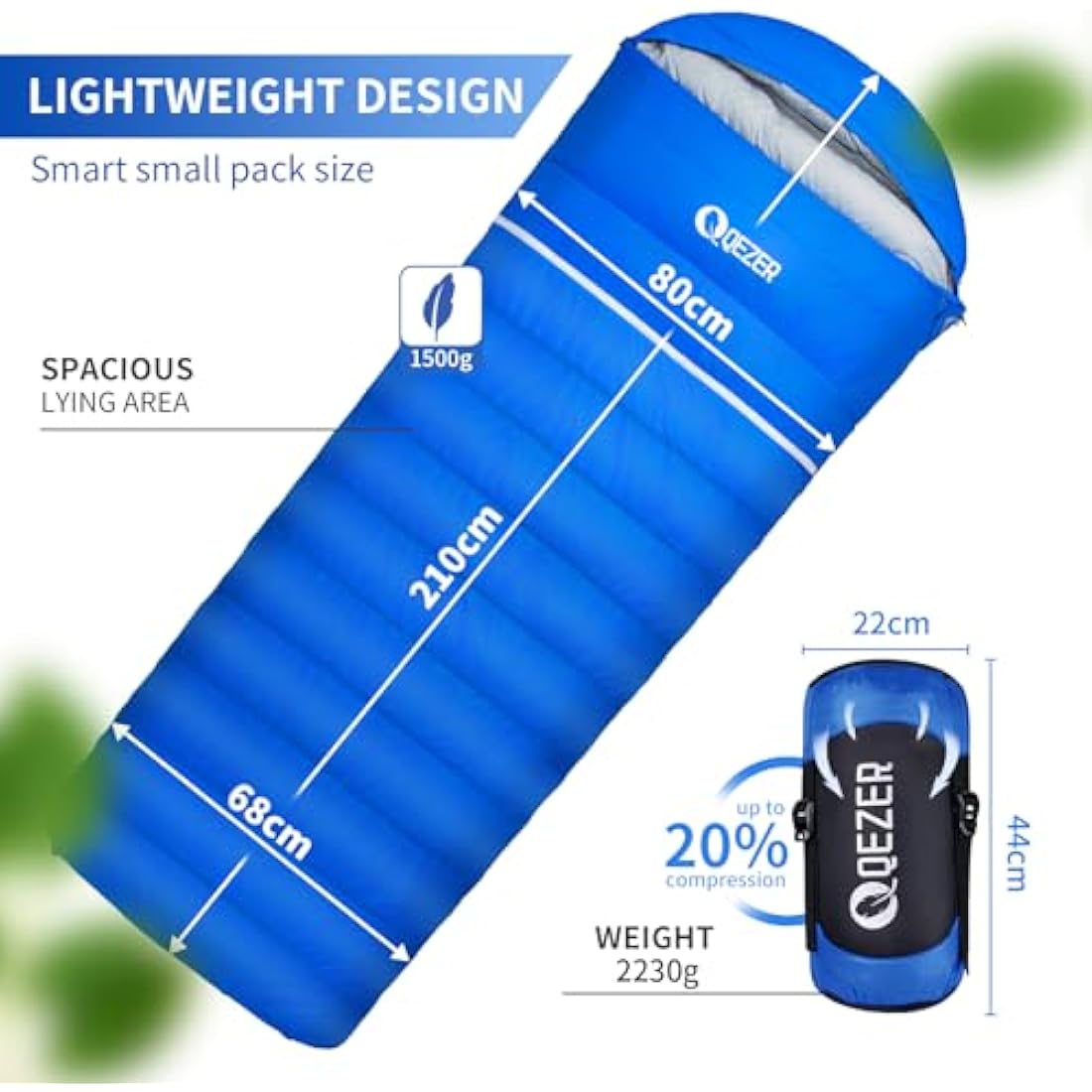 QEZER Down Sleeping Bag | Lightweight 4-Season Rectangular Nylon Bag