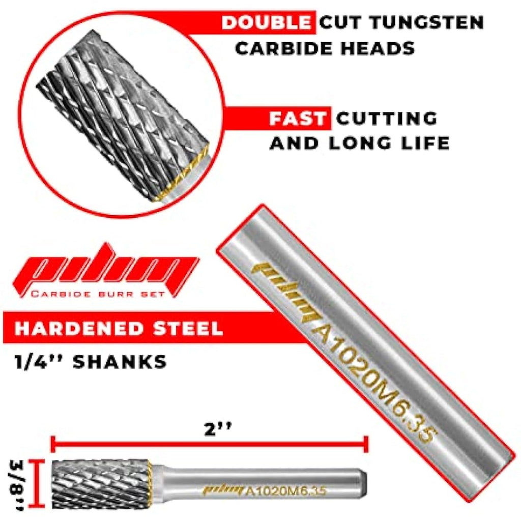 Pilim 10PC Tungsten Carbide Burr Set | 1/4" Shank Double Cut Rotary Bits