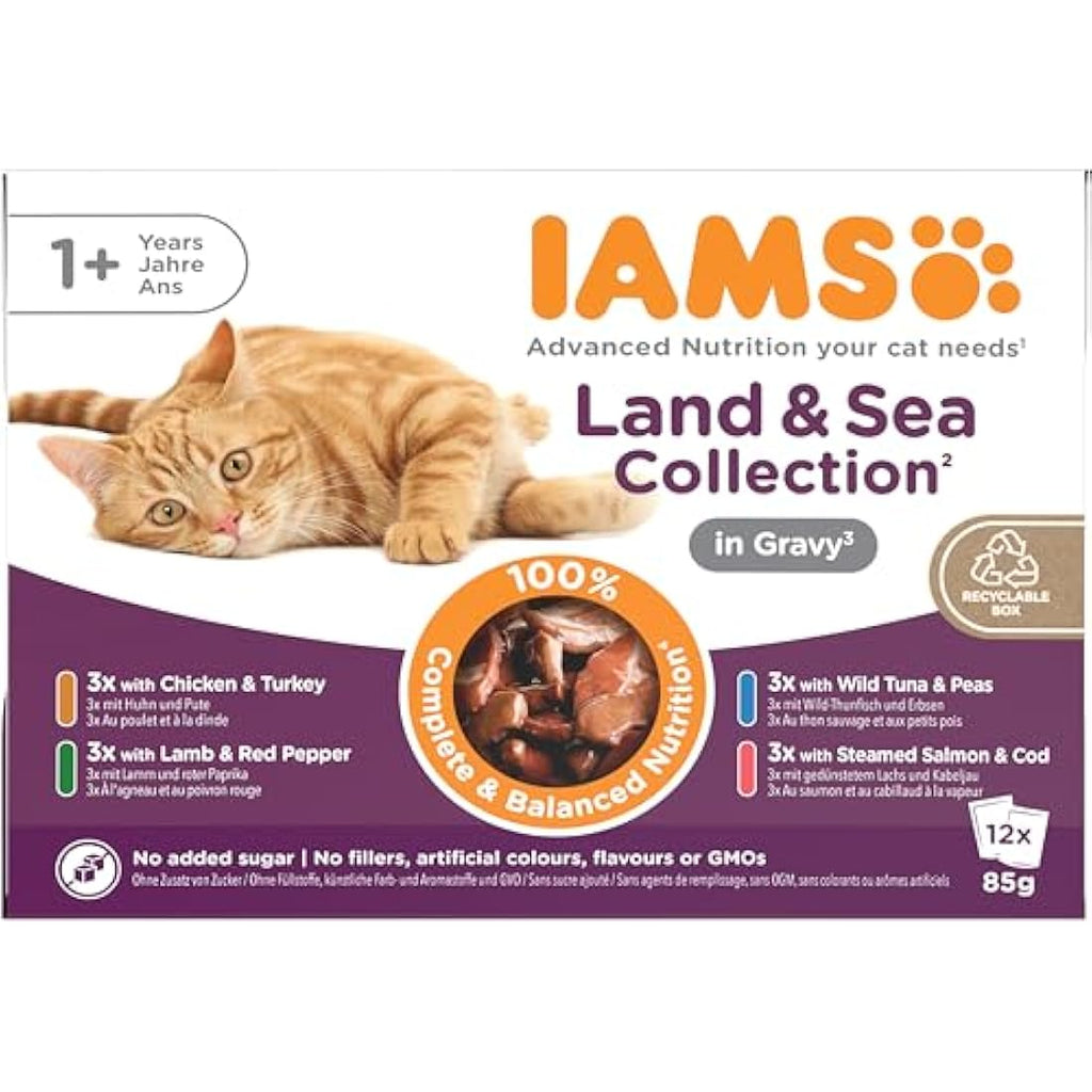 IAMS Adult Wet Cat Food Land & Sea in Gravy - 12 x 85g Multipack