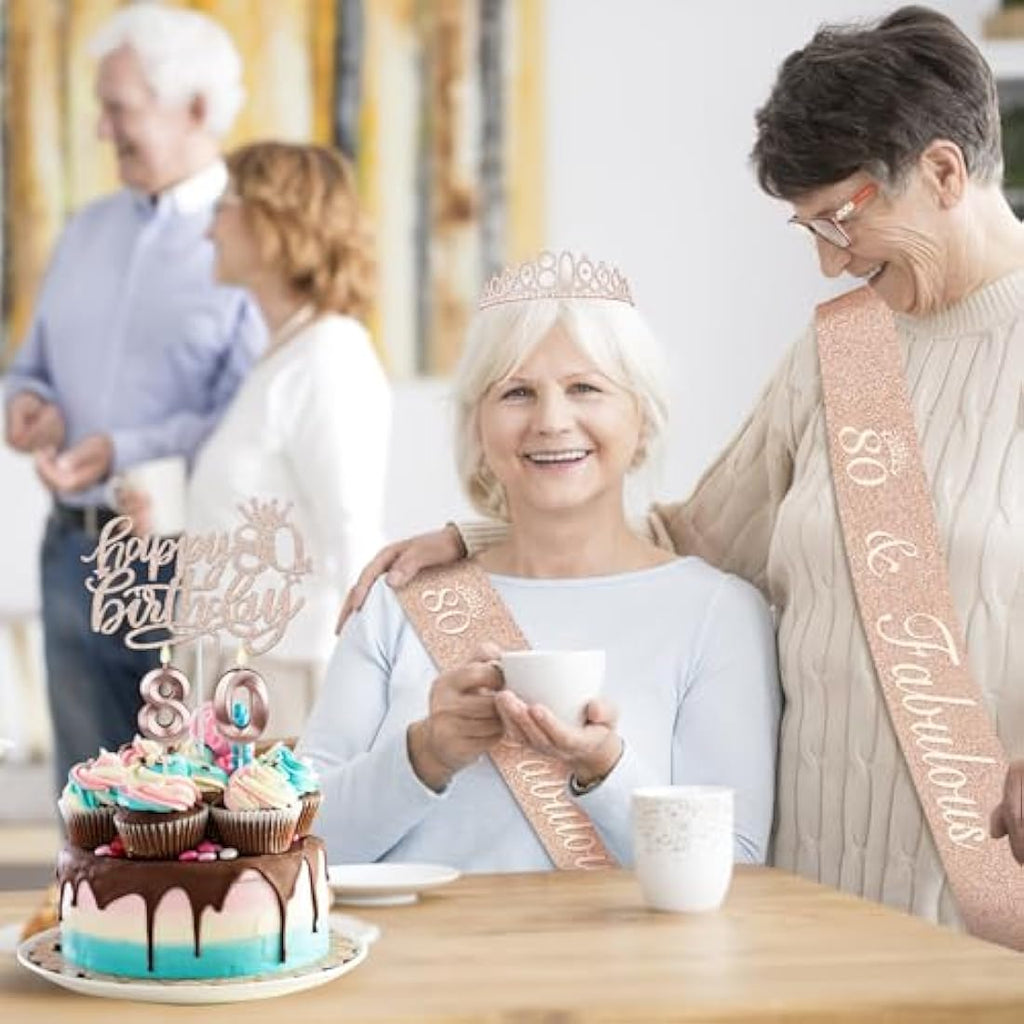 Amosking 80th Birthday Decorations for Women | Rose Gold Tiara and Sash Set