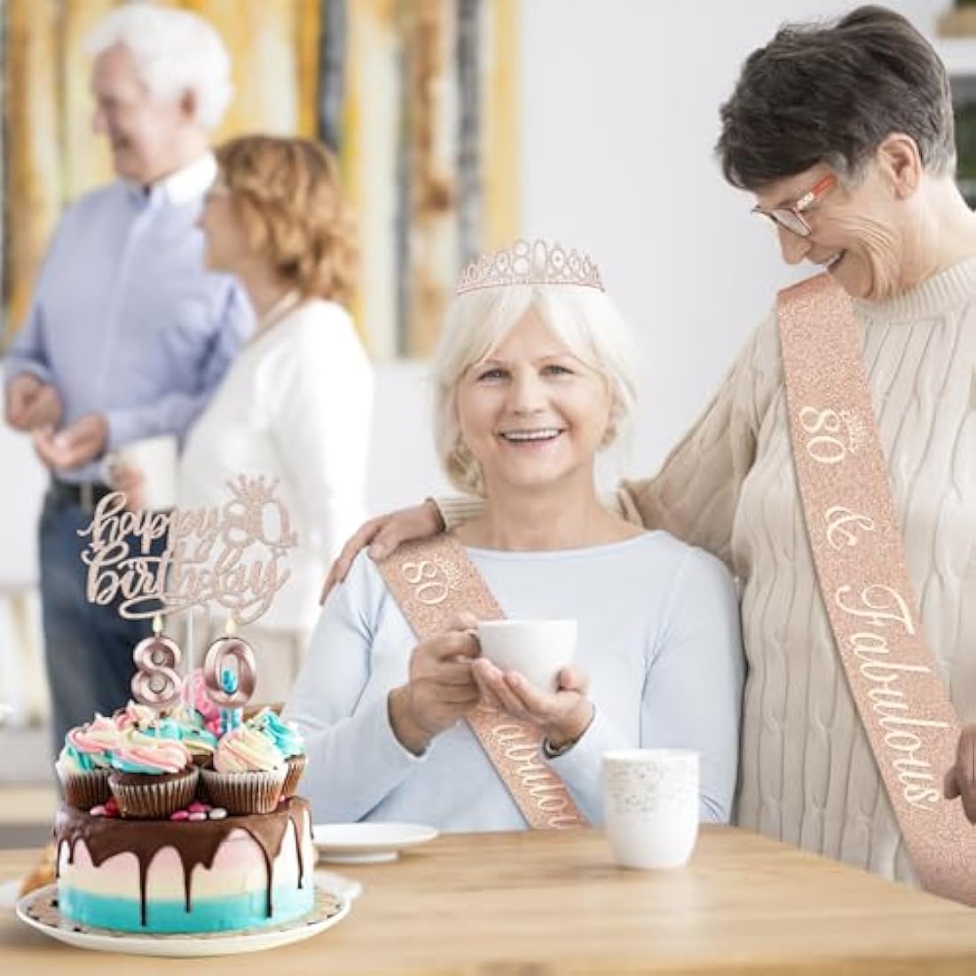 Amosking 80th Birthday Decorations for Women | Rose Gold Tiara and Sash Set