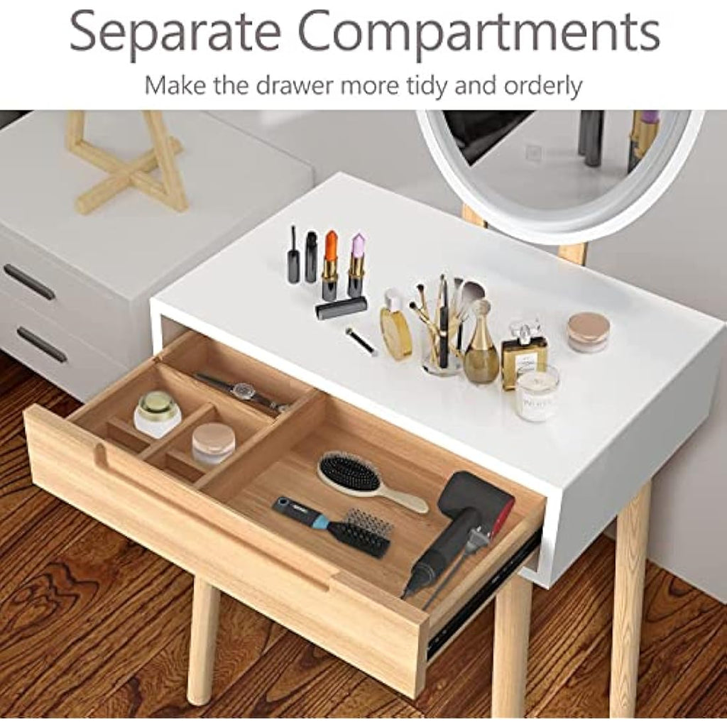 YOURLITE Makeup Vanity Set with LED Mirror, Stool & Drawer - Wood Color
