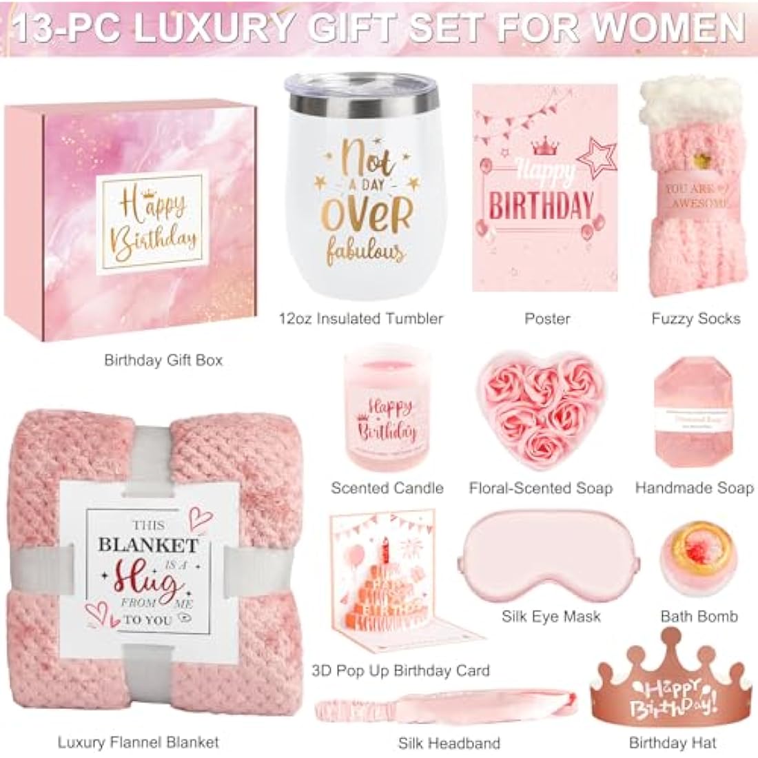 Jolof Store Birthday Gift Basket for Women – 13pc Spa Care Package with Blanket