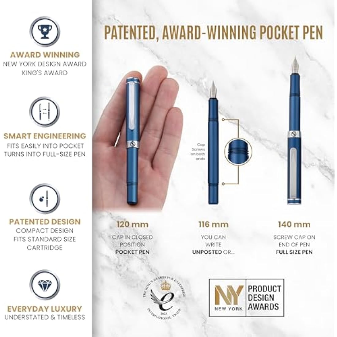 Scriveiner Luxury EDC Fountain Pen - Matt Blue Pocket Pen, Medium Nib