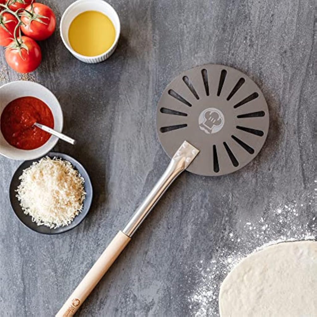 Chef Pomodoro 9-Inch Perforated Pizza Turning Peel with 47" Wooden Handle
