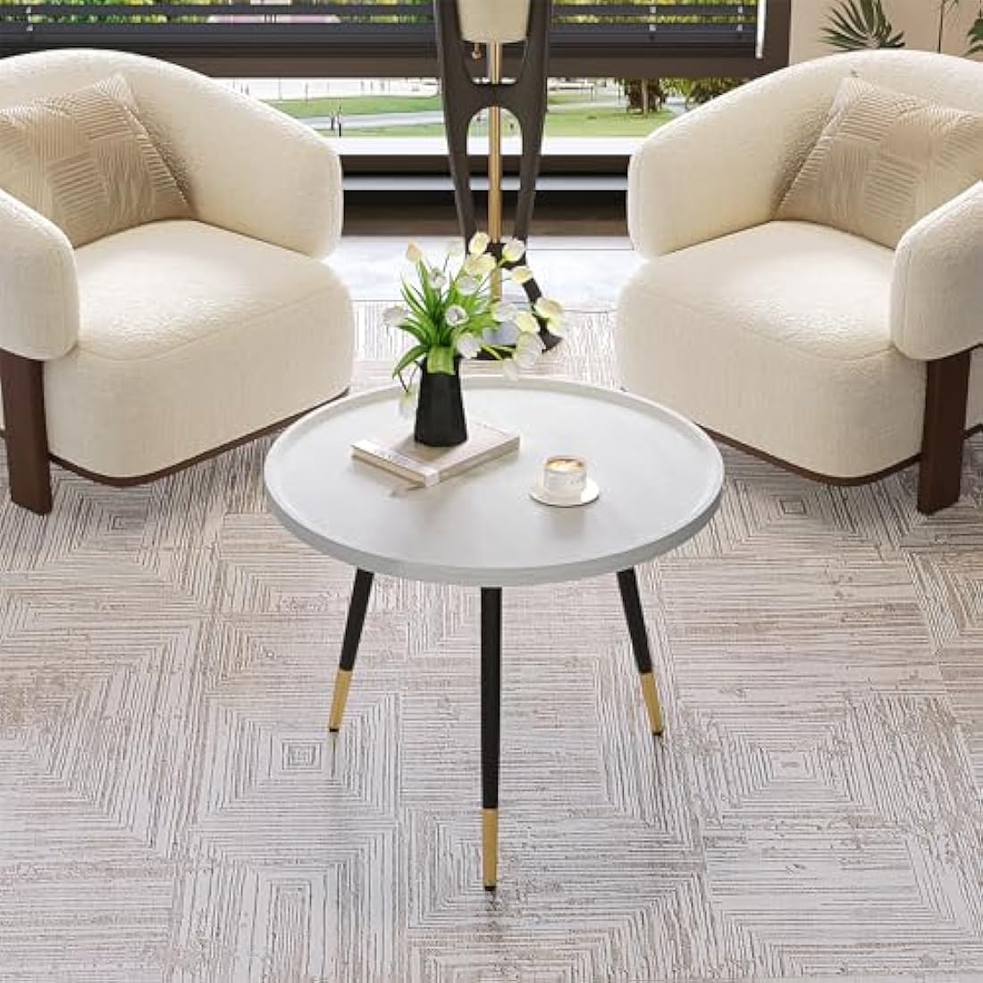 Round Coffee Table – Modern White Wood & Metal Side Table