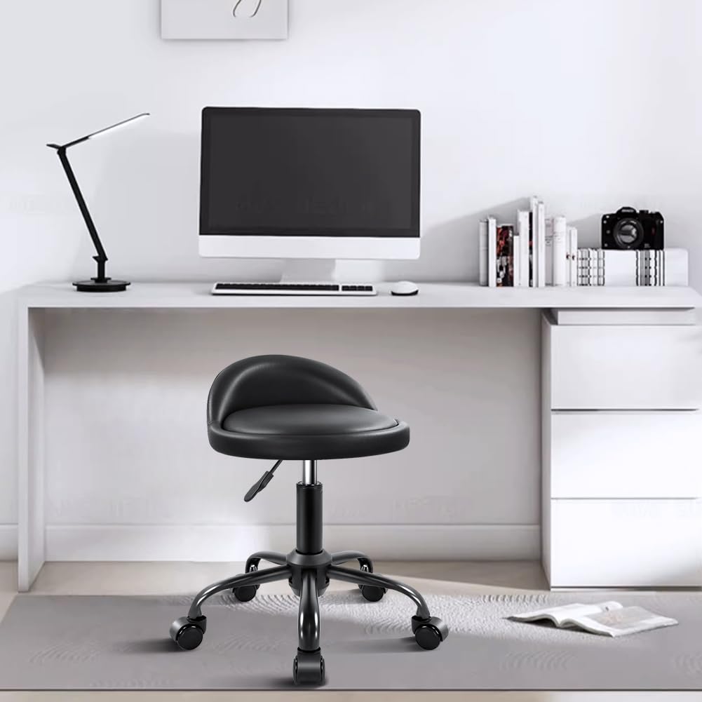KKTONER Rolling Stool with BackRest Height Adjustable Round Chair with Wheels Swivel Drafting Work PU Leather stools Small Black