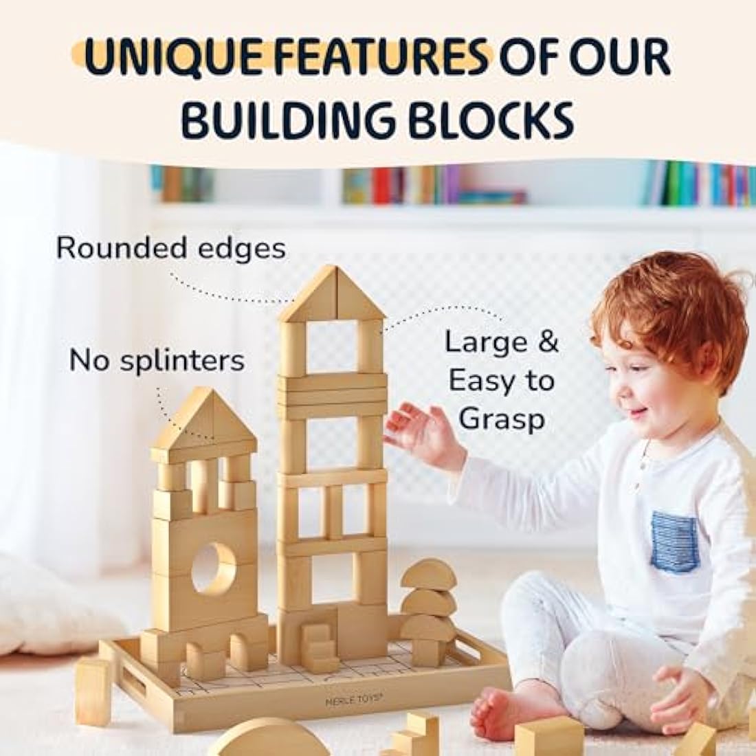 Merle Toys Wooden Building Blocks – 46-Piece FSC Beechwood Montessori Set