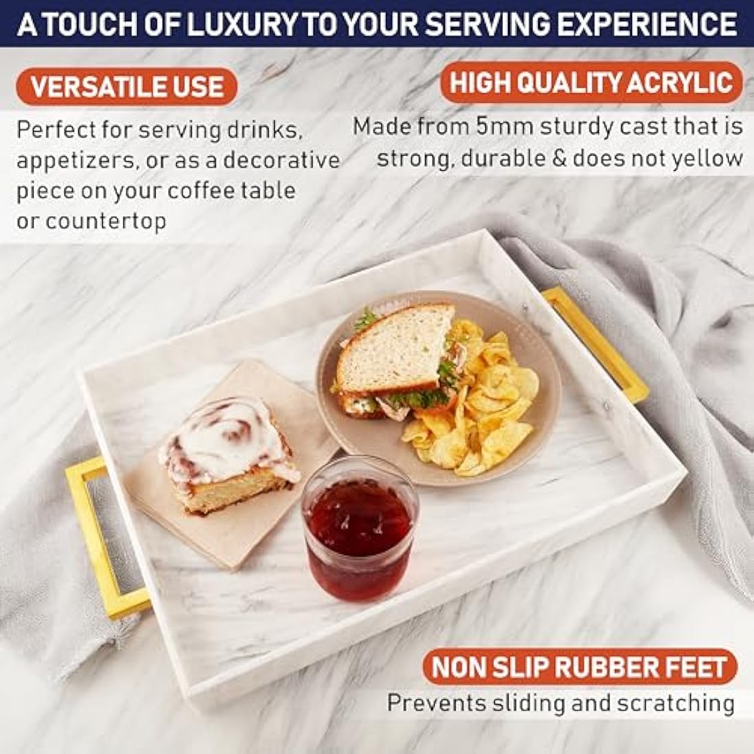 Marble Acrylic Serving Tray with Gold Handles - 16" x 12"