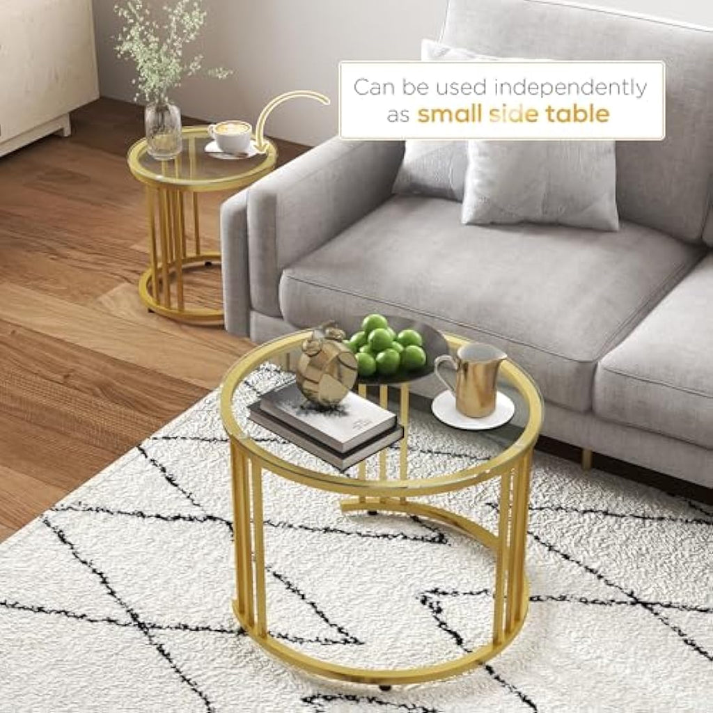 HOMCOM Nest of Tables – Round Glass Coffee Tables Set of 2, Gold
