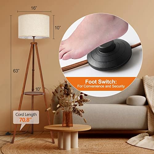 OUTON Solid Wood Tripod Floor Lamp with Shelf - Dimmable LED Standing Light